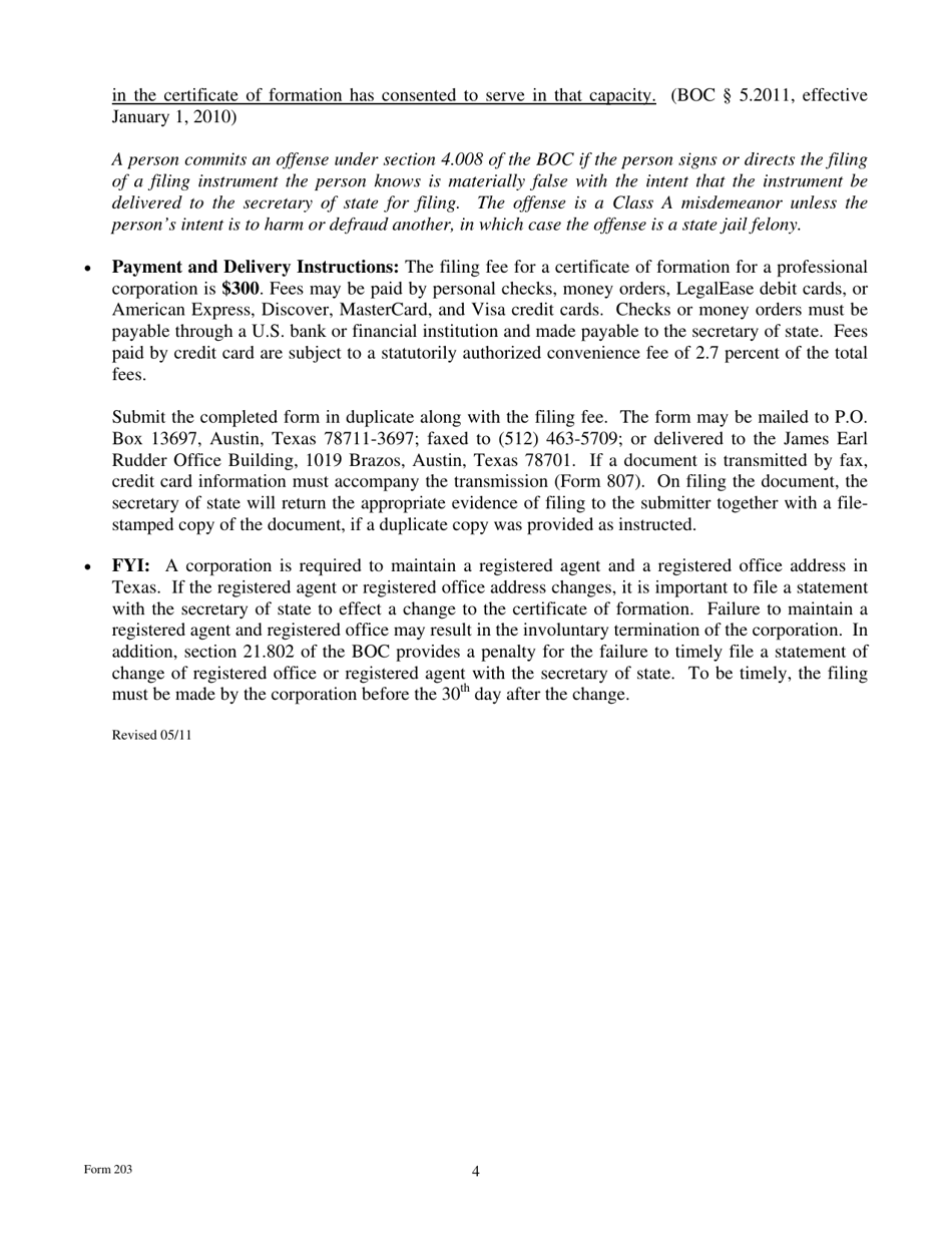 Form 203 Certificate of Formation - Professional Corporation - Texas, Page 4