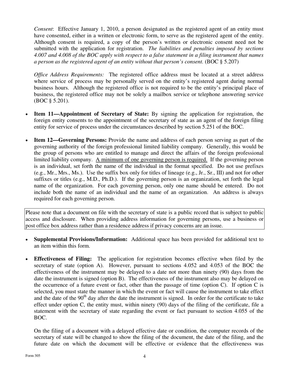 Form 305 Application for Registration of a Foreign Professional Limited Liability Company - Texas, Page 4