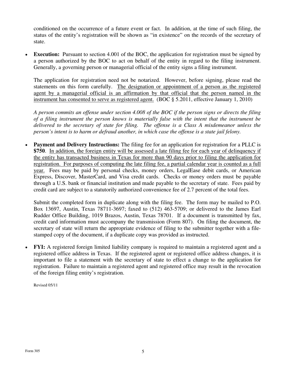 Form 305 Application for Registration of a Foreign Professional Limited Liability Company - Texas, Page 5