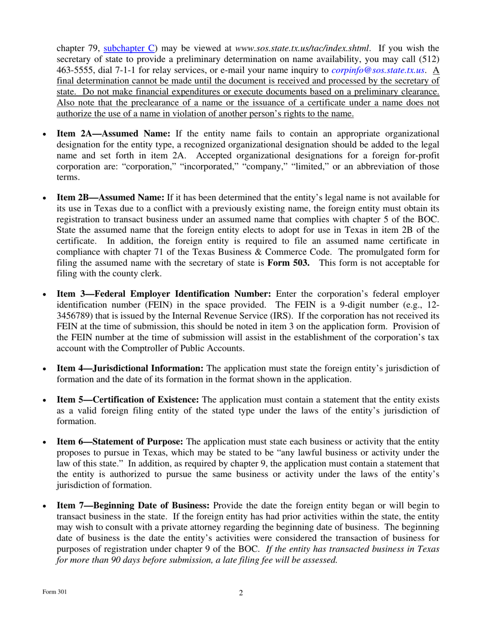 Form 301 Application for Registration of a Foreign for-Profit Corporation - Texas, Page 2