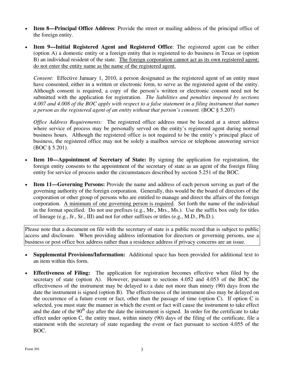 Form 301 Application for Registration of a Foreign for-Profit Corporation - Texas, Page 3