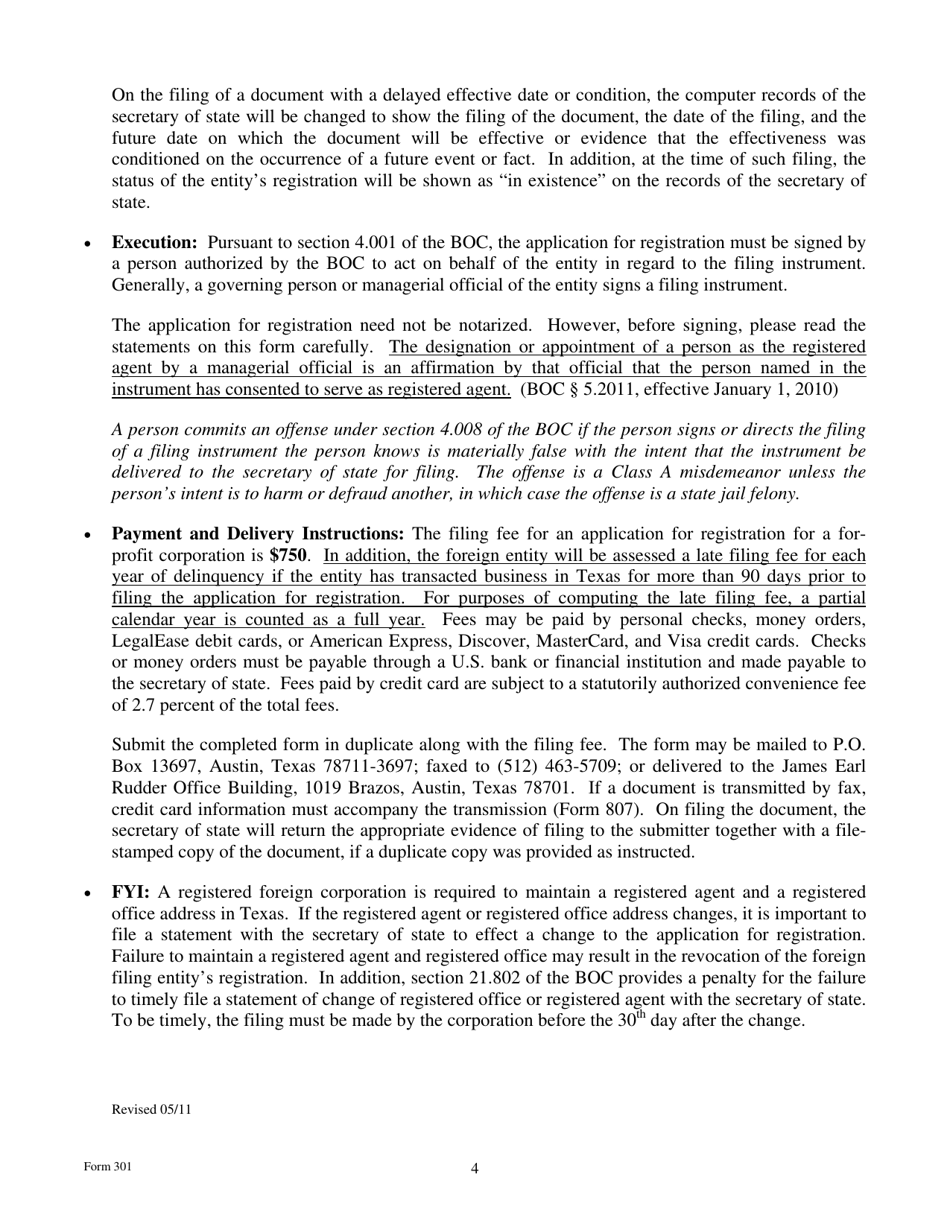 Form 301 Application for Registration of a Foreign for-Profit Corporation - Texas, Page 4