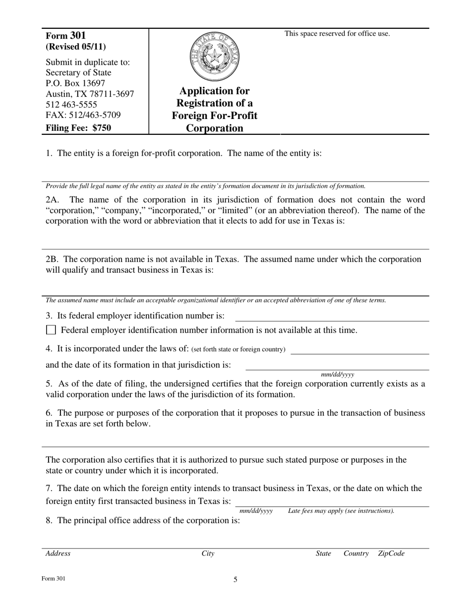 Form 301 Application for Registration of a Foreign for-Profit Corporation - Texas, Page 5