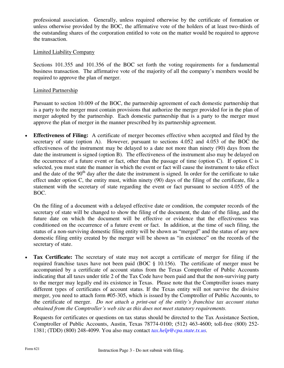 Form 621 Certificate of Merger Domestic Entity Divisional Merger Business Organizations Code - Texas, Page 3
