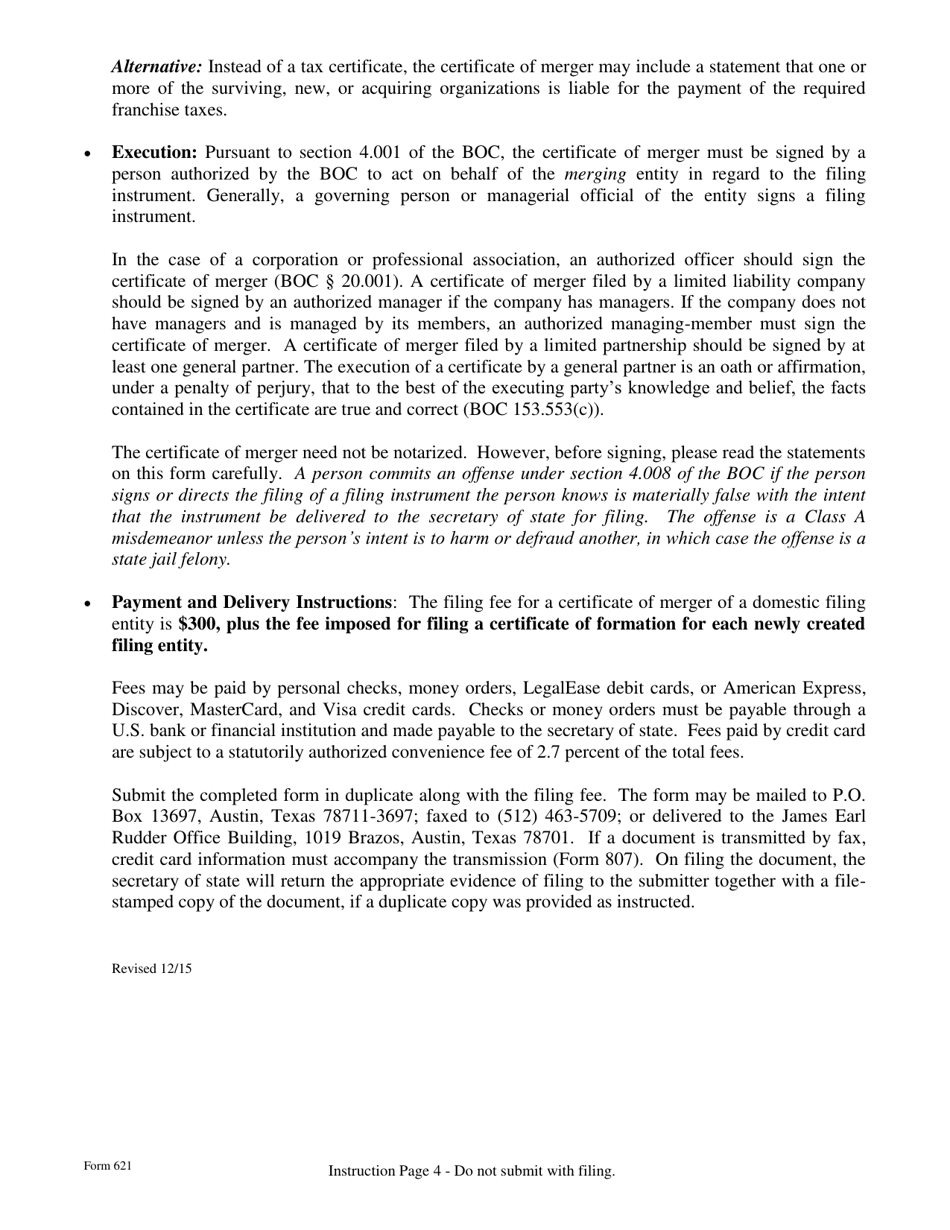 Form 621 Certificate of Merger Domestic Entity Divisional Merger Business Organizations Code - Texas, Page 4