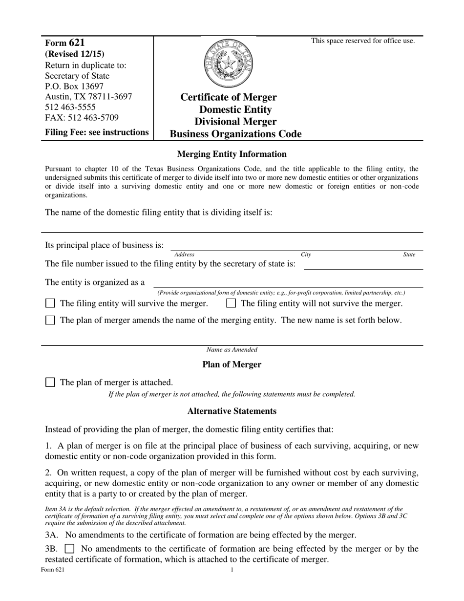Form 621 Download Fillable PDF or Fill Online Certificate of Merger ...