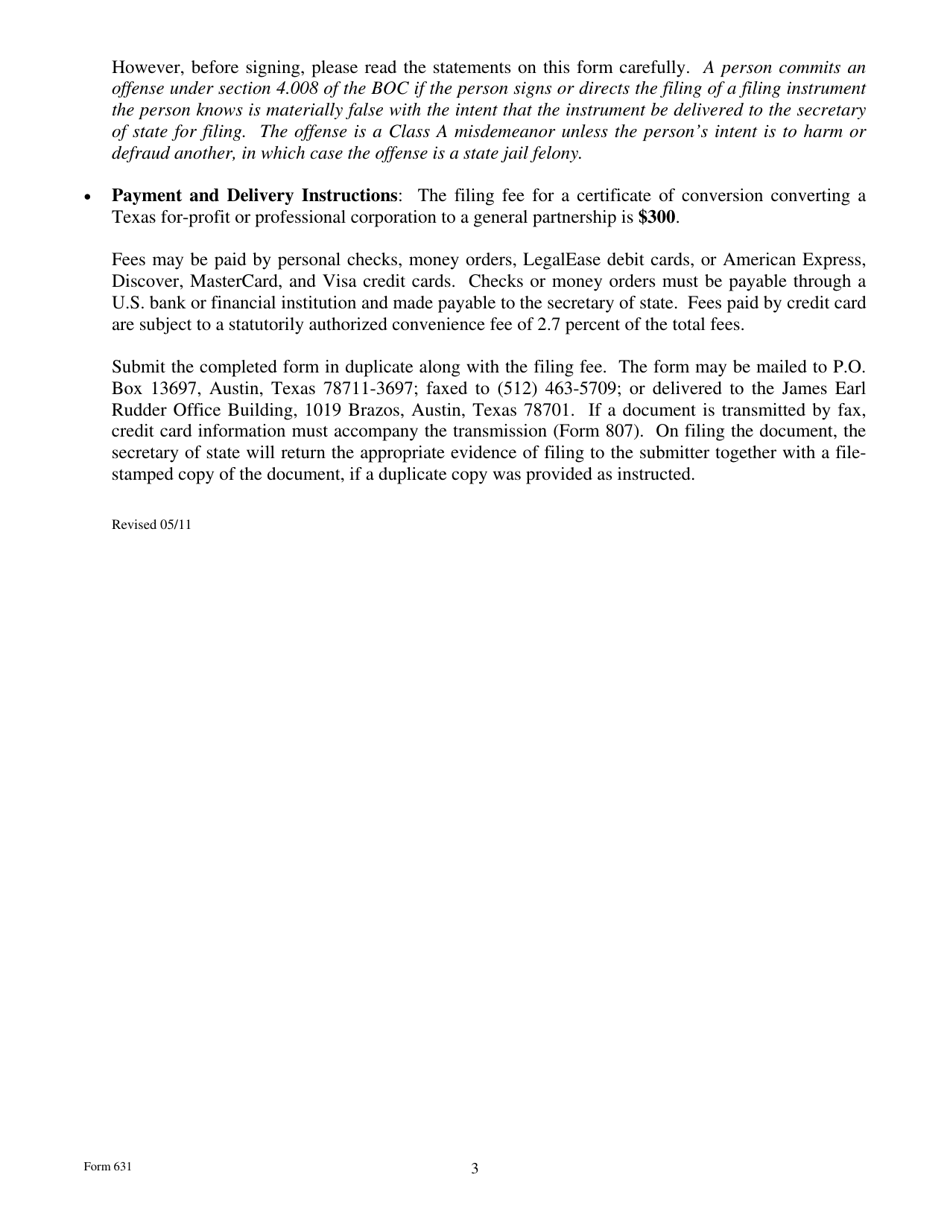 Form 631 Certificate of Conversion of a Corporation Converting to a General Partnership - Texas, Page 3