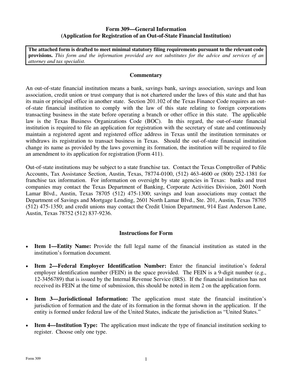 Form 309 Application for Registration of an Out-of-State Financial Institution - Texas, Page 1