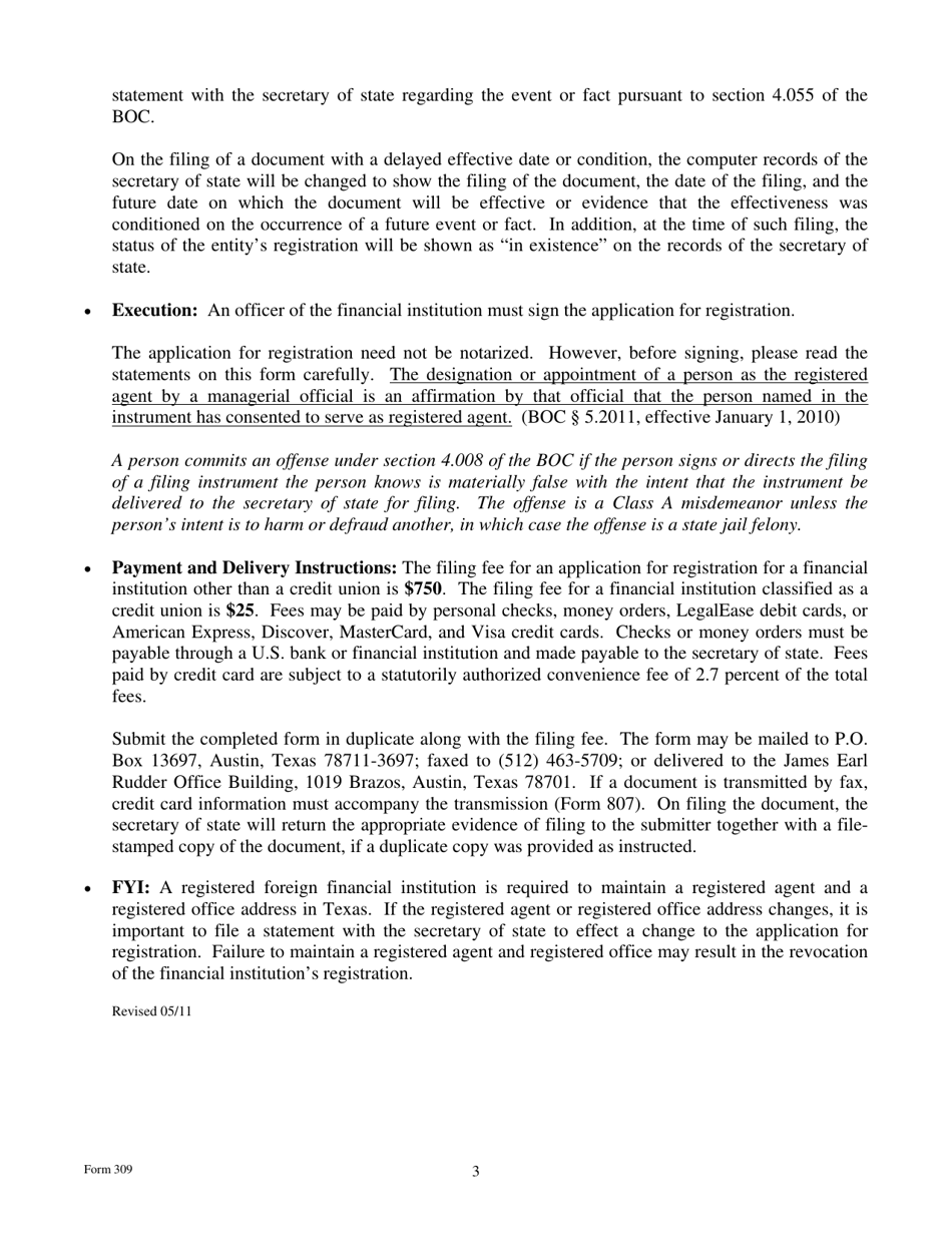 Form 309 Application for Registration of an Out-of-State Financial Institution - Texas, Page 3