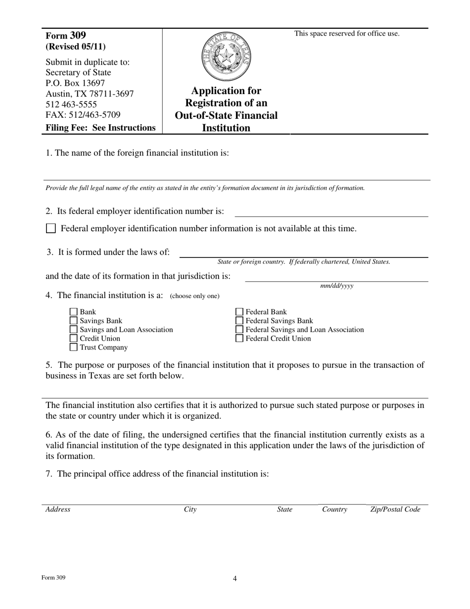 Form 309 Application for Registration of an Out-of-State Financial Institution - Texas, Page 4