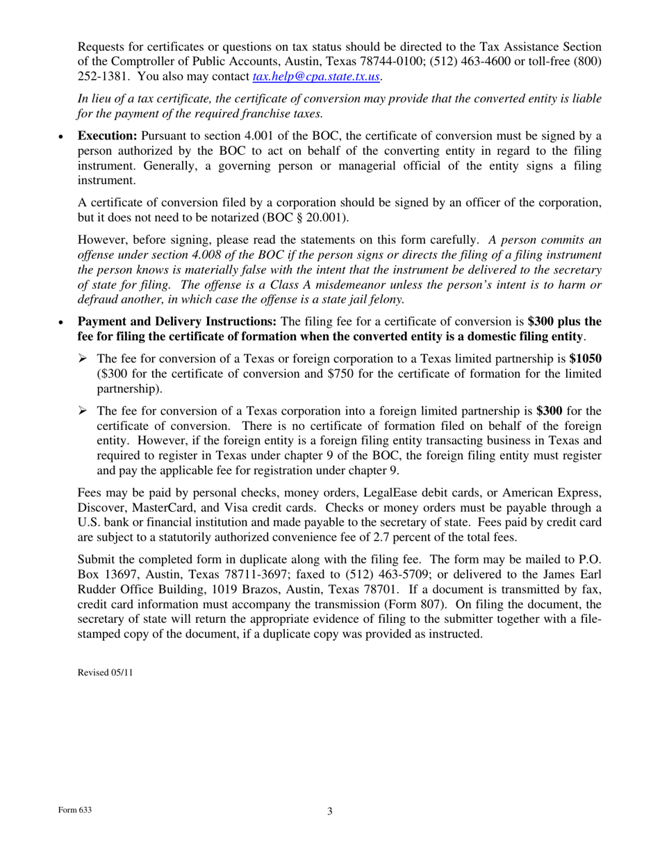 Form 633 Certificate of Conversion of a Corporation Converting to a Limited Partnership - Texas, Page 3