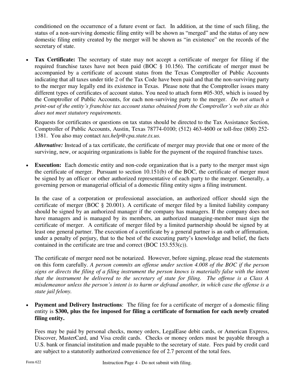 Form 622 Certificate of Merger Combination Merger Business Organizations Code - Texas, Page 4