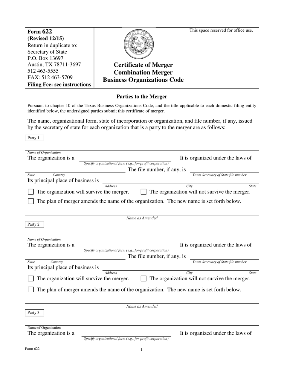 Form 622 Certificate of Merger Combination Merger Business Organizations Code - Texas, Page 6