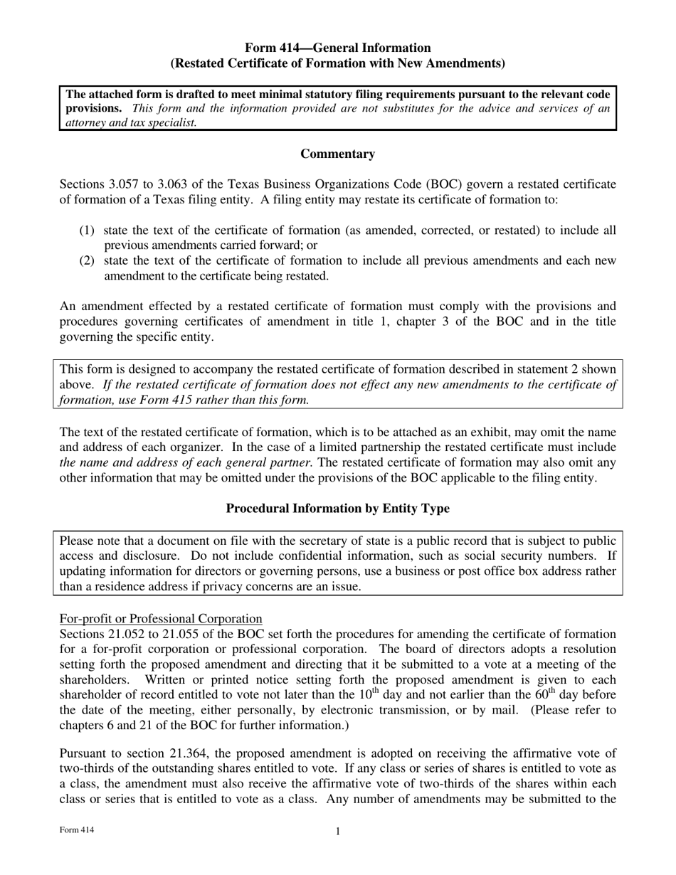 Form 414 Restated Certificate of Formation With New Amendments - Texas, Page 1