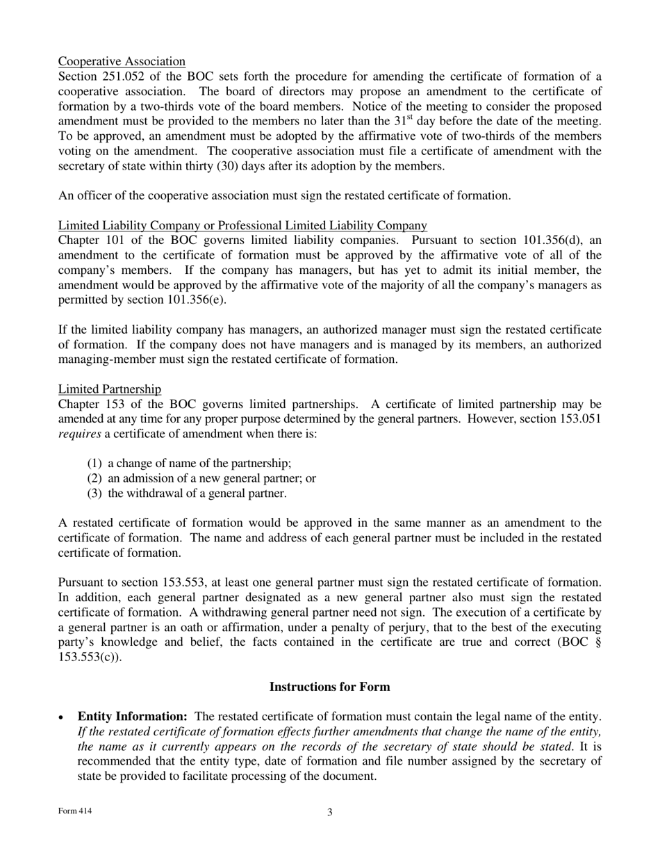 Form 414 Restated Certificate of Formation With New Amendments - Texas, Page 3