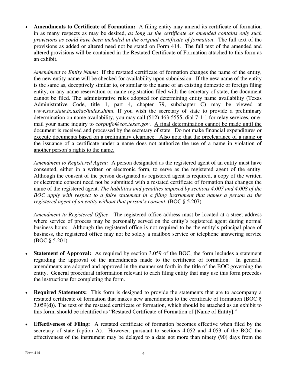 Form 414 Restated Certificate of Formation With New Amendments - Texas, Page 4
