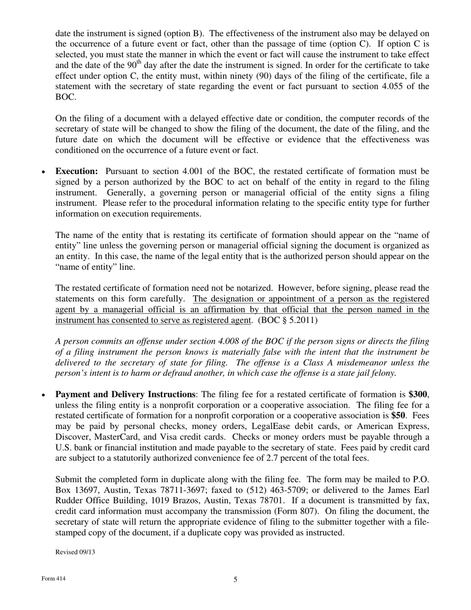 Form 414 Restated Certificate of Formation With New Amendments - Texas, Page 5