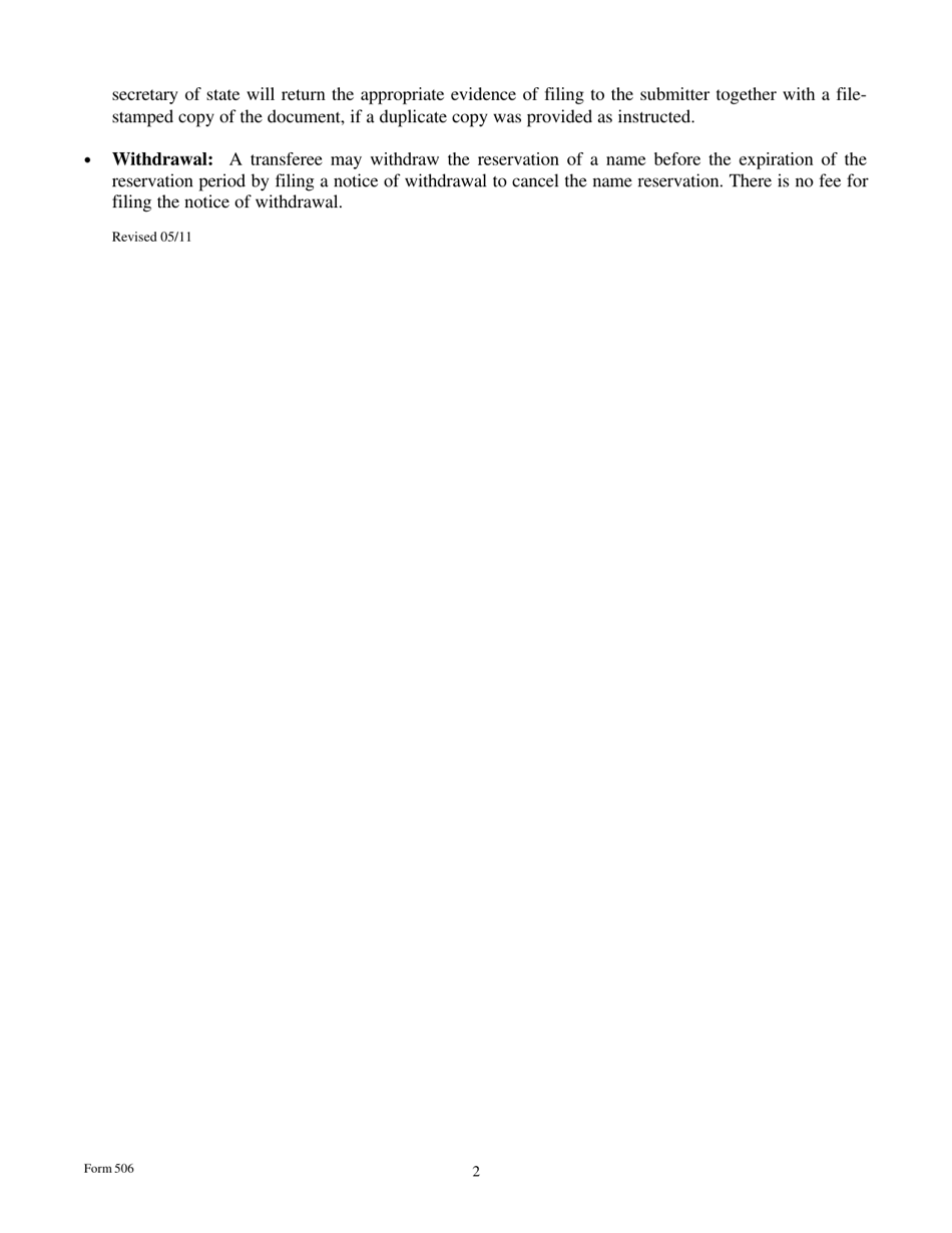Form 506 Notice of Transfer of Reservation of an Entity Name - Texas, Page 2