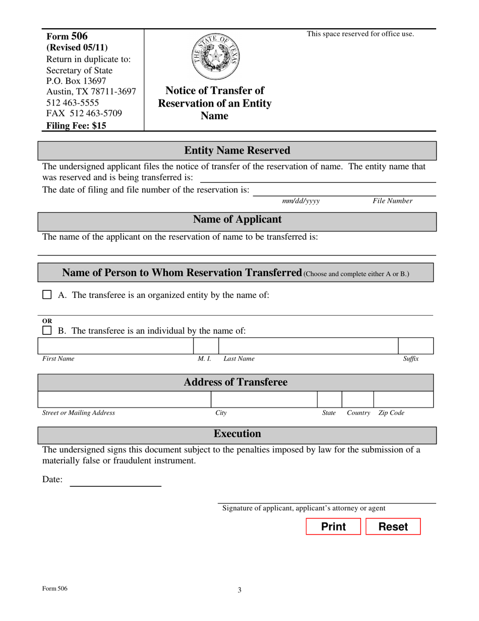Form 506 Notice of Transfer of Reservation of an Entity Name - Texas, Page 3