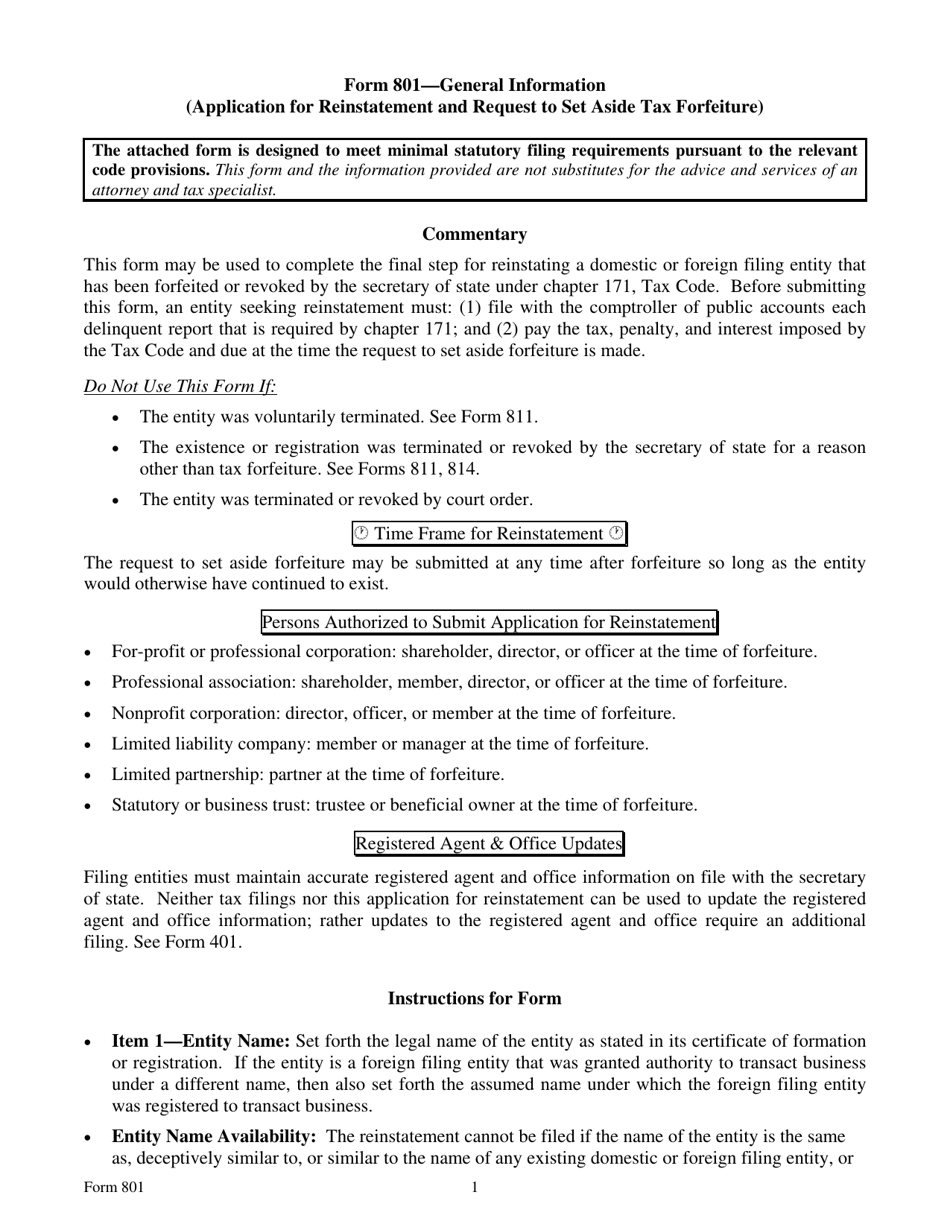 Form 801 Application for Reinstatement and Request to Set Aside Tax Forfeiture - Texas, Page 1