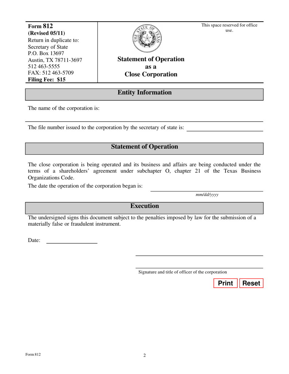 Form 812 Statement of Operation as a Close Corporation - Texas, Page 2