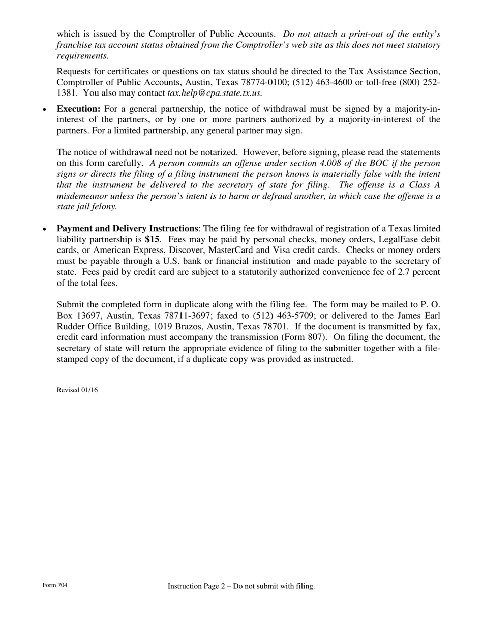 Form 704 Notice of Withdrawal of Registration of a Limited Liability Partnership - Texas, Page 2