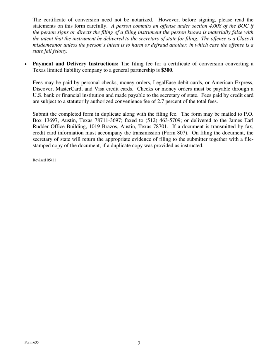 Form 635 Certificate of Conversion of a Limited Liability Company Converting to a General Partnership - Texas, Page 3
