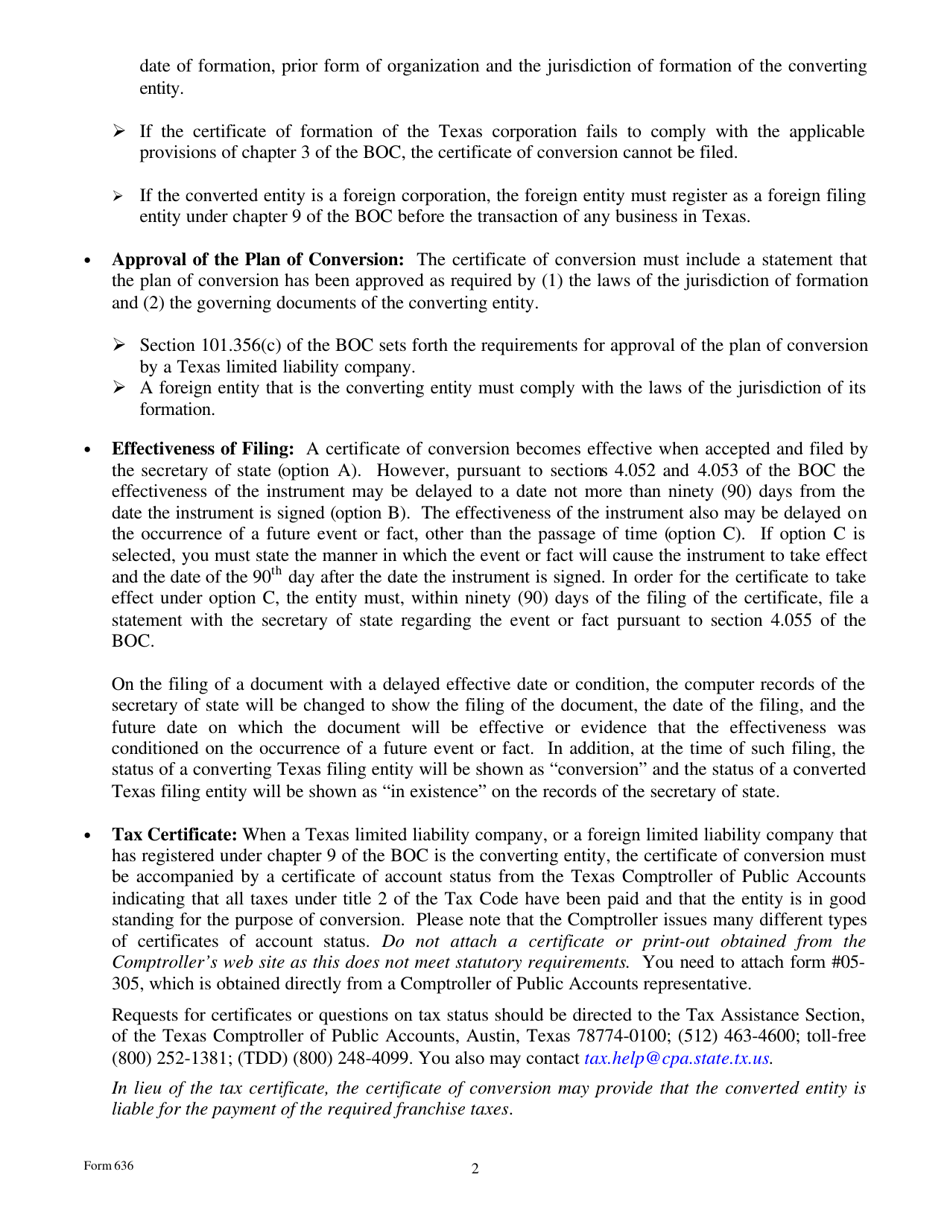 Form 636 Certificate of Conversion of a Limited Liability Company Converting to a Corporation - Texas, Page 2