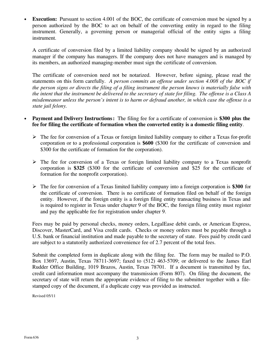 Form 636 Certificate of Conversion of a Limited Liability Company Converting to a Corporation - Texas, Page 3