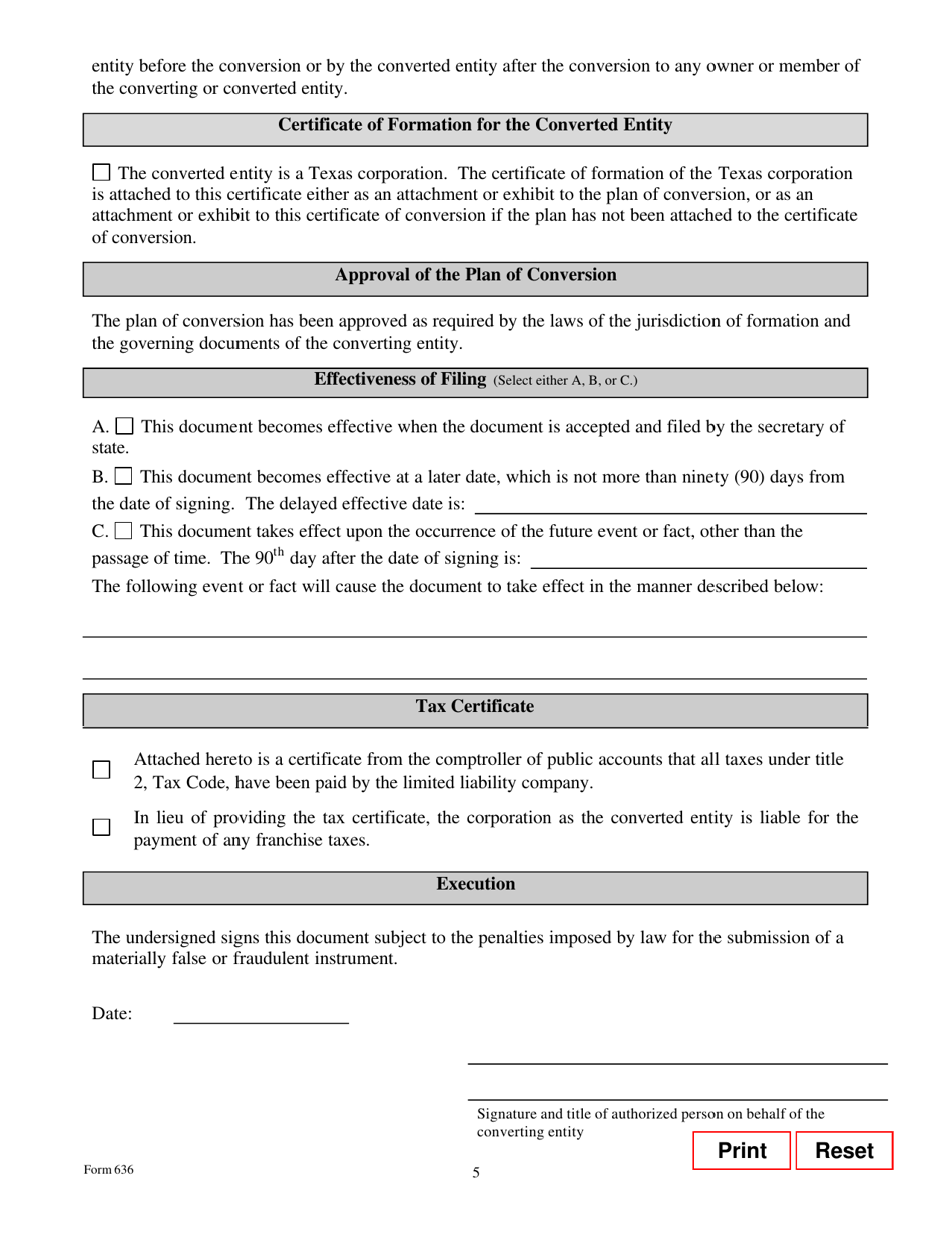 Form 636 Certificate of Conversion of a Limited Liability Company Converting to a Corporation - Texas, Page 5