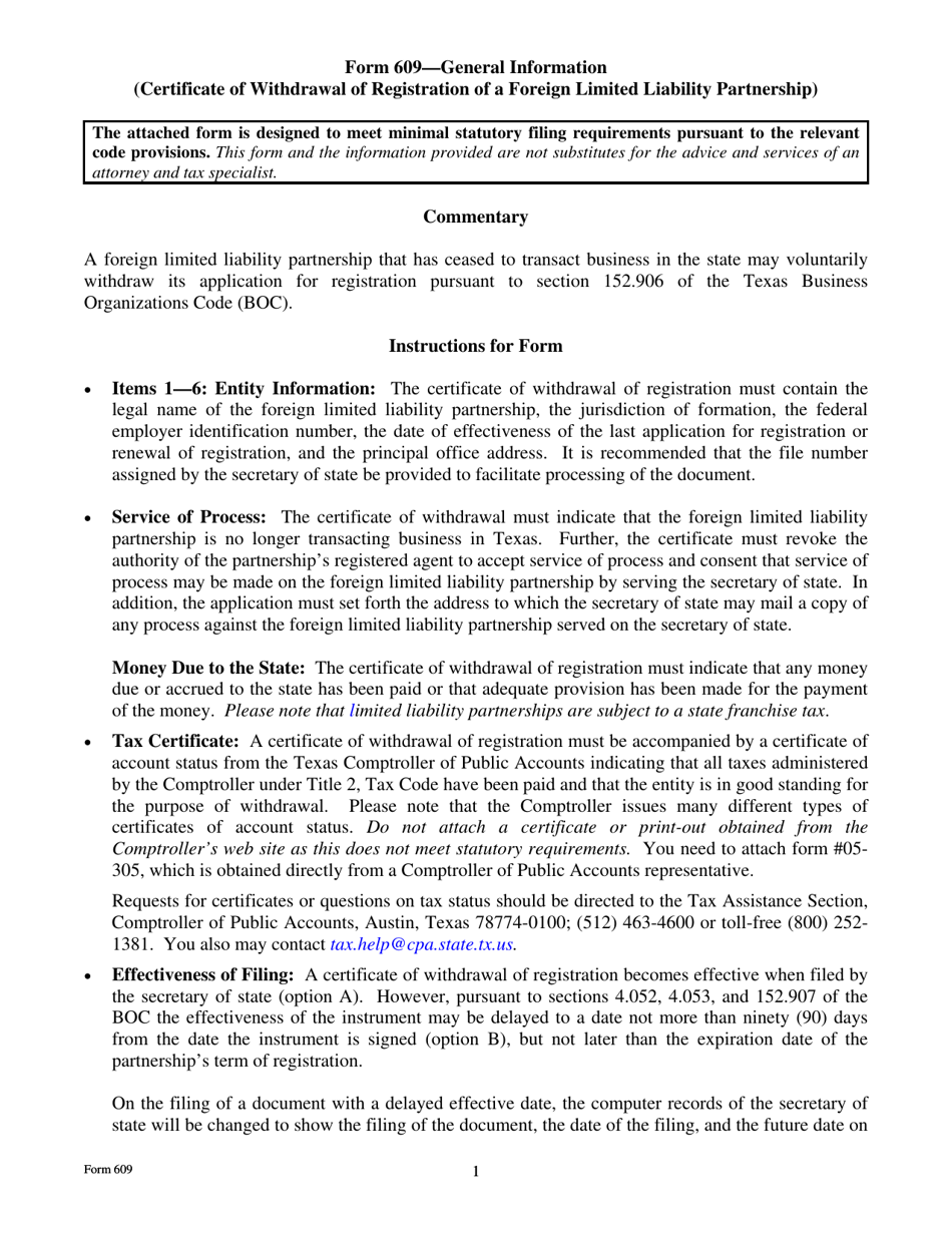 Form 609 - Fill Out, Sign Online and Download Fillable PDF, Texas ...
