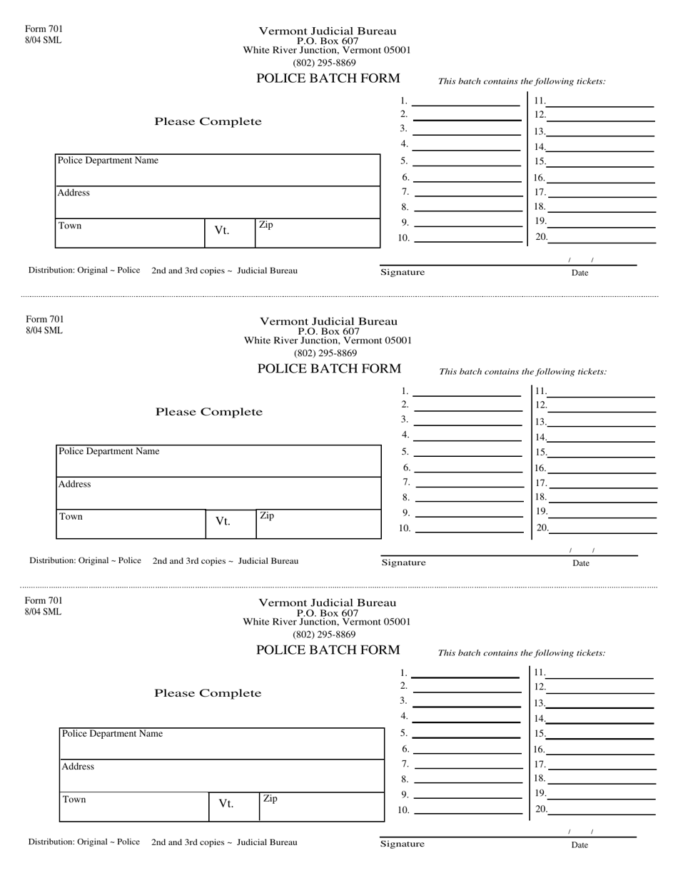 Form 701 Police Batch Form - Vermont, Page 1