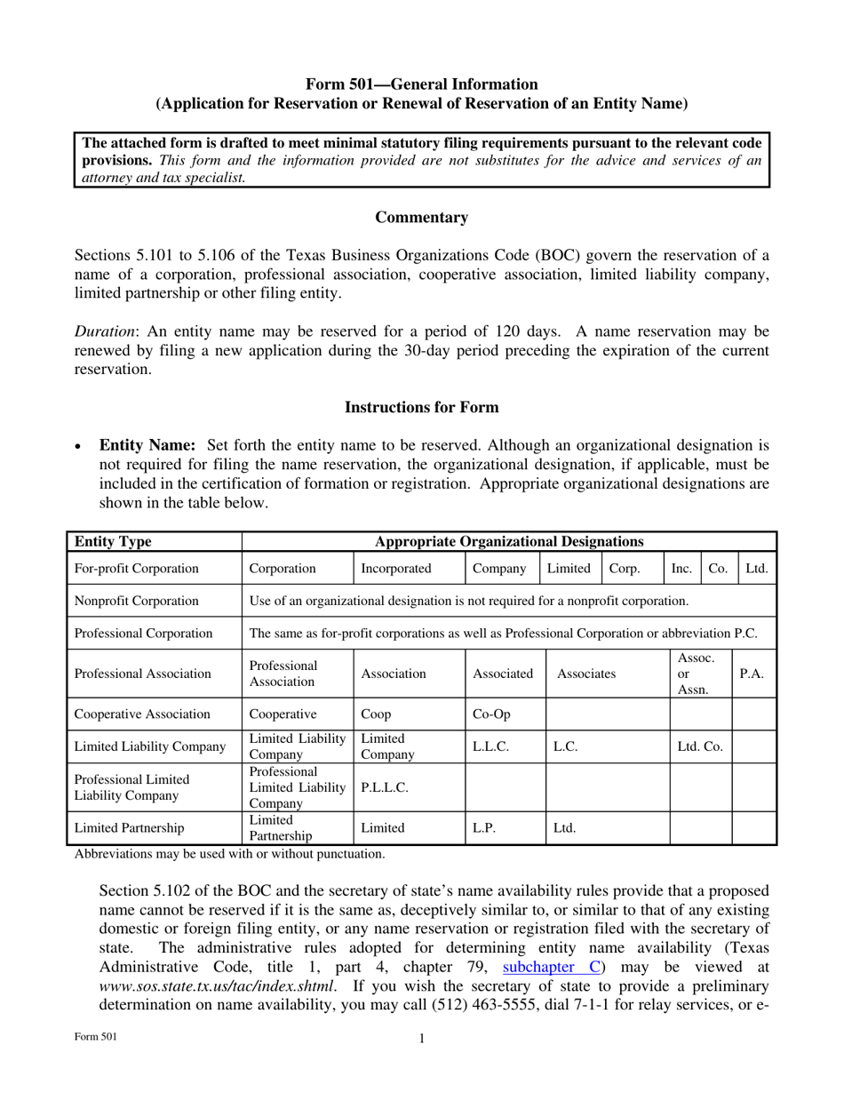 Form 501 Application for Reservation or Renewal of Reservation of an Entity Name - Texas, Page 1