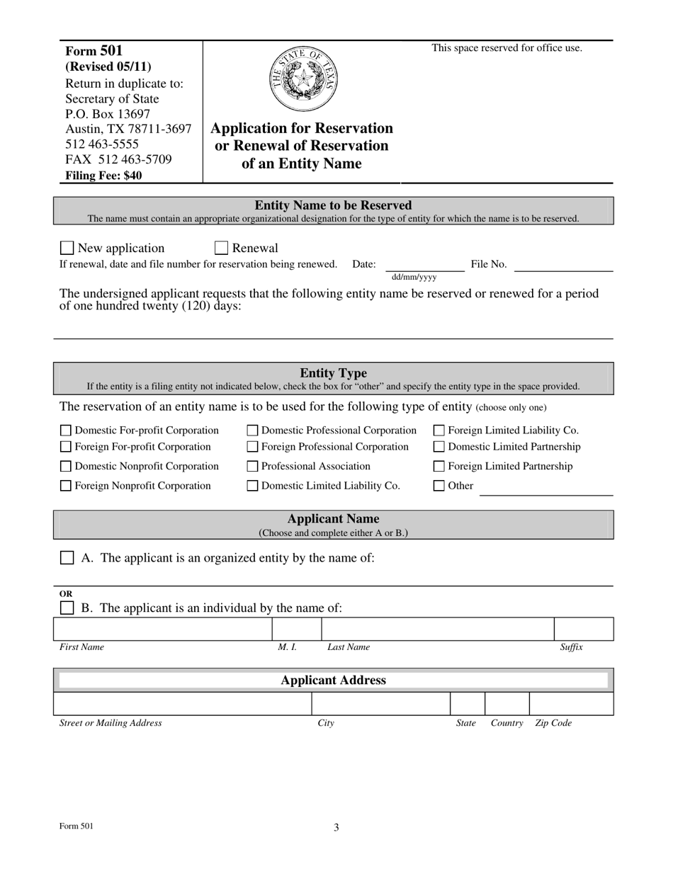 Form 501 Application for Reservation or Renewal of Reservation of an Entity Name - Texas, Page 3