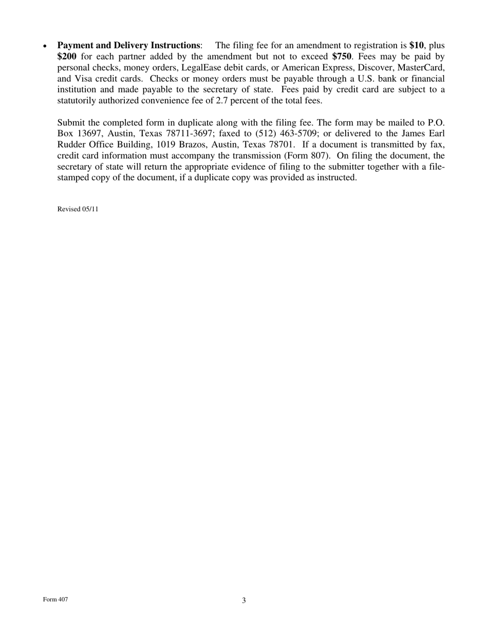 Form 407 Amendment to Registration - Foreign Limited Liability Partnership - Texas, Page 3