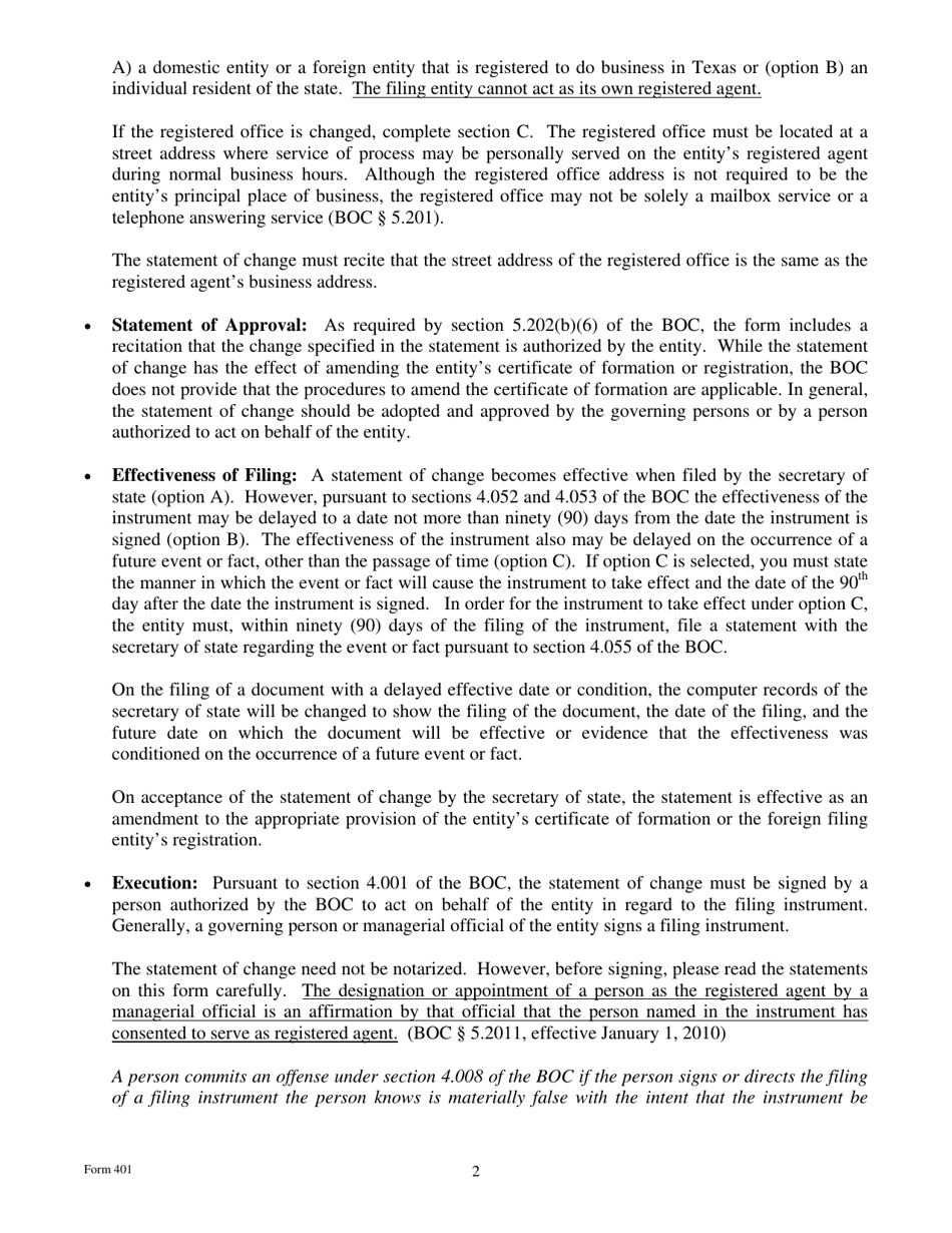 Form 401 Statement of Change of Registered Office / Agent - Texas, Page 2