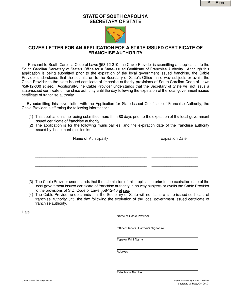 Cover Letter for an Application for a State-Issued Certificate of Franchise Authority - South Carolina, Page 1