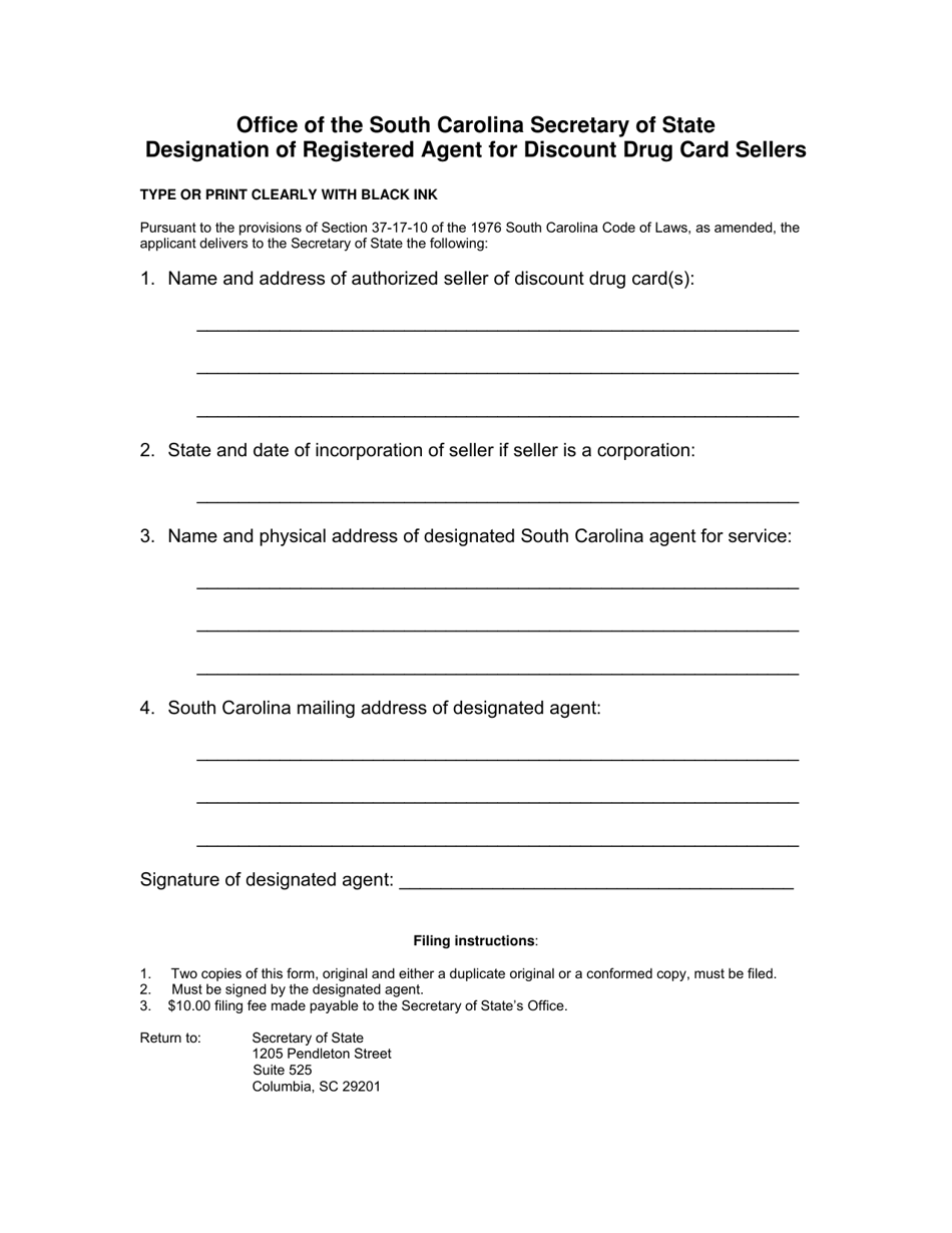 Designation of Registered Agent for Discount Drug Card Sellers - South Carolina, Page 1