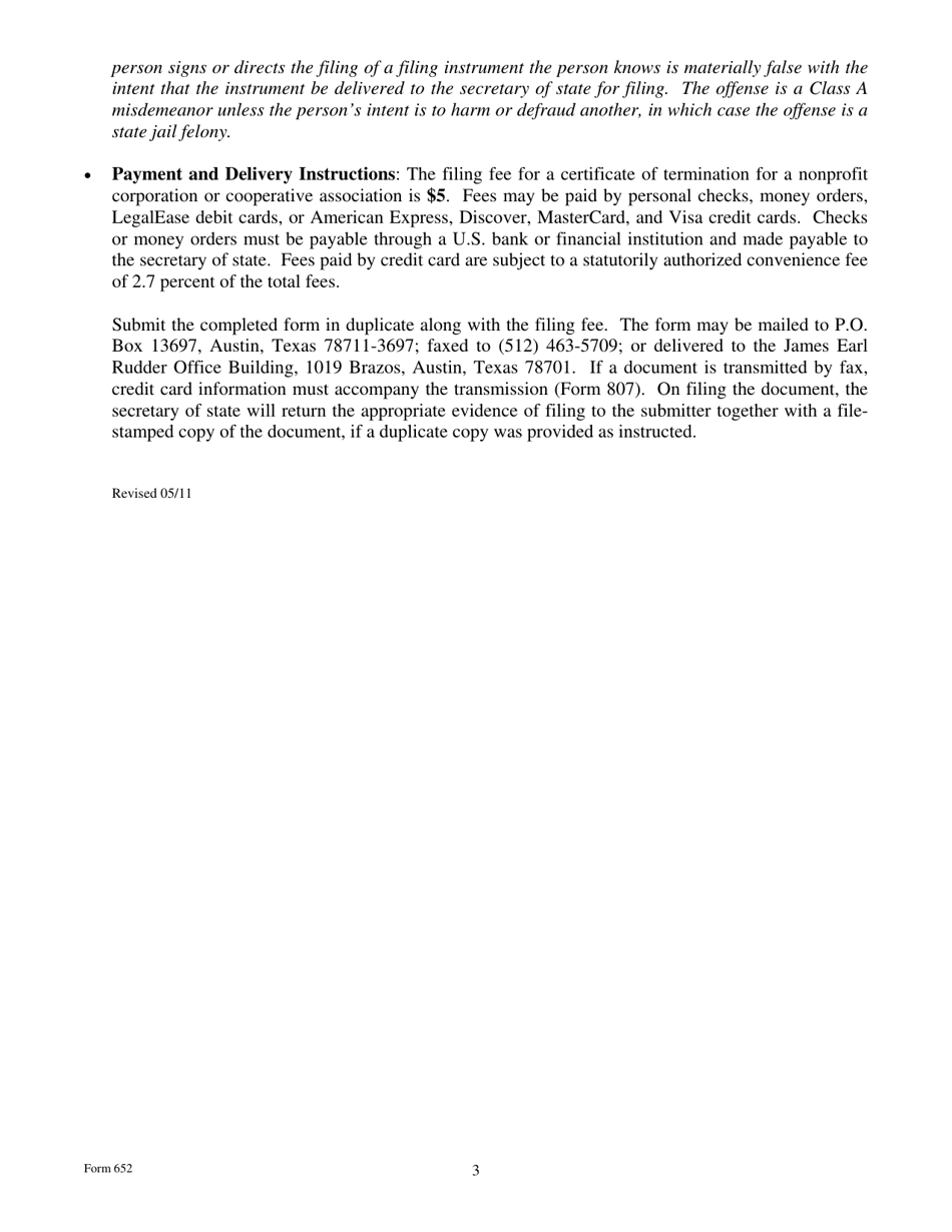 Form 652 Certificate of Termination of a Domestic Nonprofit Corporation or Cooperative Association - Texas, Page 3