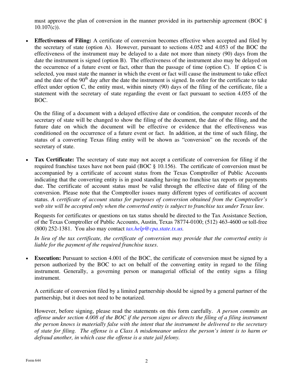 Form 644 Certificate of Conversion of a Limited Partnership Converting to a Real Estate Investment Trust - Texas, Page 2