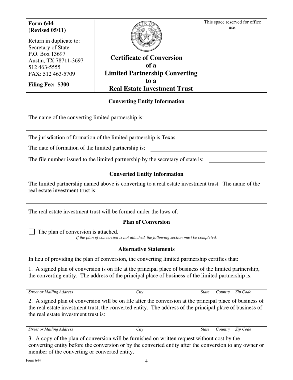 Form 644 Certificate of Conversion of a Limited Partnership Converting to a Real Estate Investment Trust - Texas, Page 4