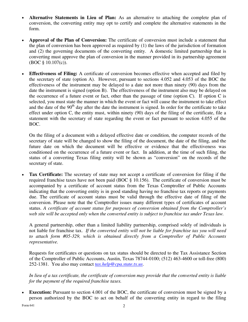 Form 641 Certificate of Conversion of a Limited Partnership Converting to a General Partnership - Texas, Page 2