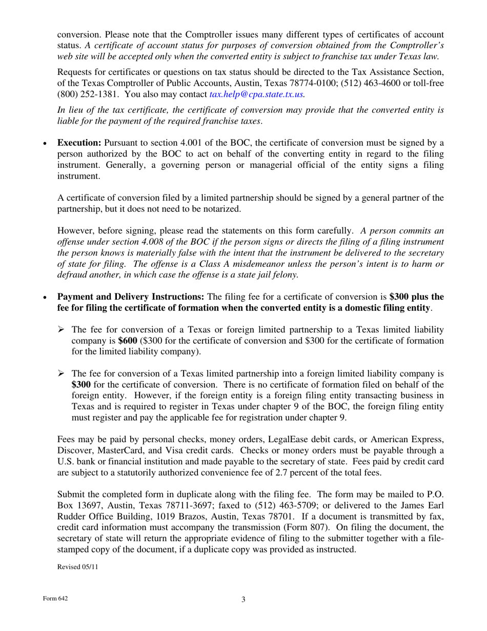 Form 642 Certificate of Conversion of a Limited Partnership Converting to a Limited Liability Company - Texas, Page 3