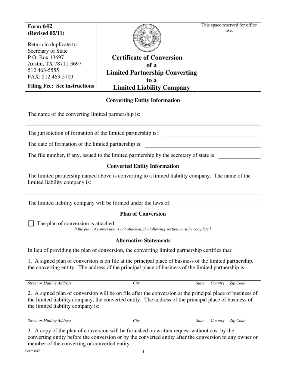 Form 642 Certificate of Conversion of a Limited Partnership Converting to a Limited Liability Company - Texas, Page 4