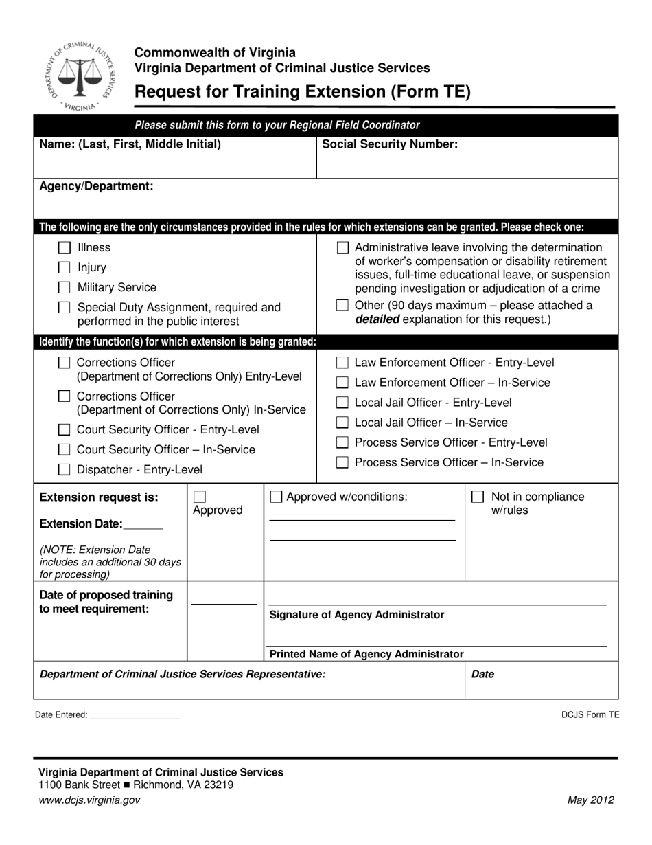 Form TE Request for Training Extension - Virginia, Page 1