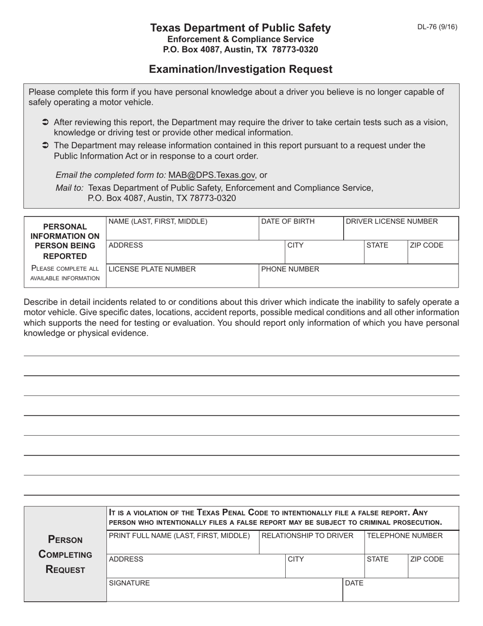 Form DL-76 Examination / Investigation Request - Texas, Page 1