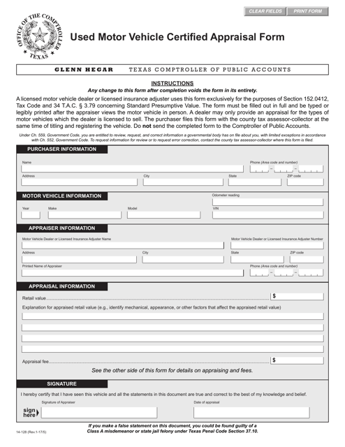 Form 14-128 Used Motor Vehicle Certified Appraisal Form - Texas