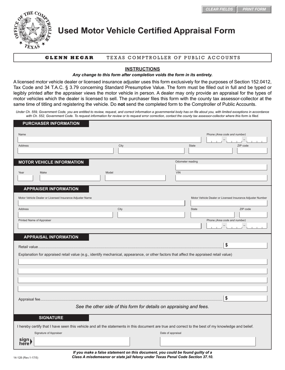 Form 14-128 Used Motor Vehicle Certified Appraisal Form - Texas, Page 1