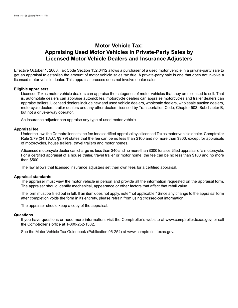 Form 14-128 Used Motor Vehicle Certified Appraisal Form - Texas, Page 2