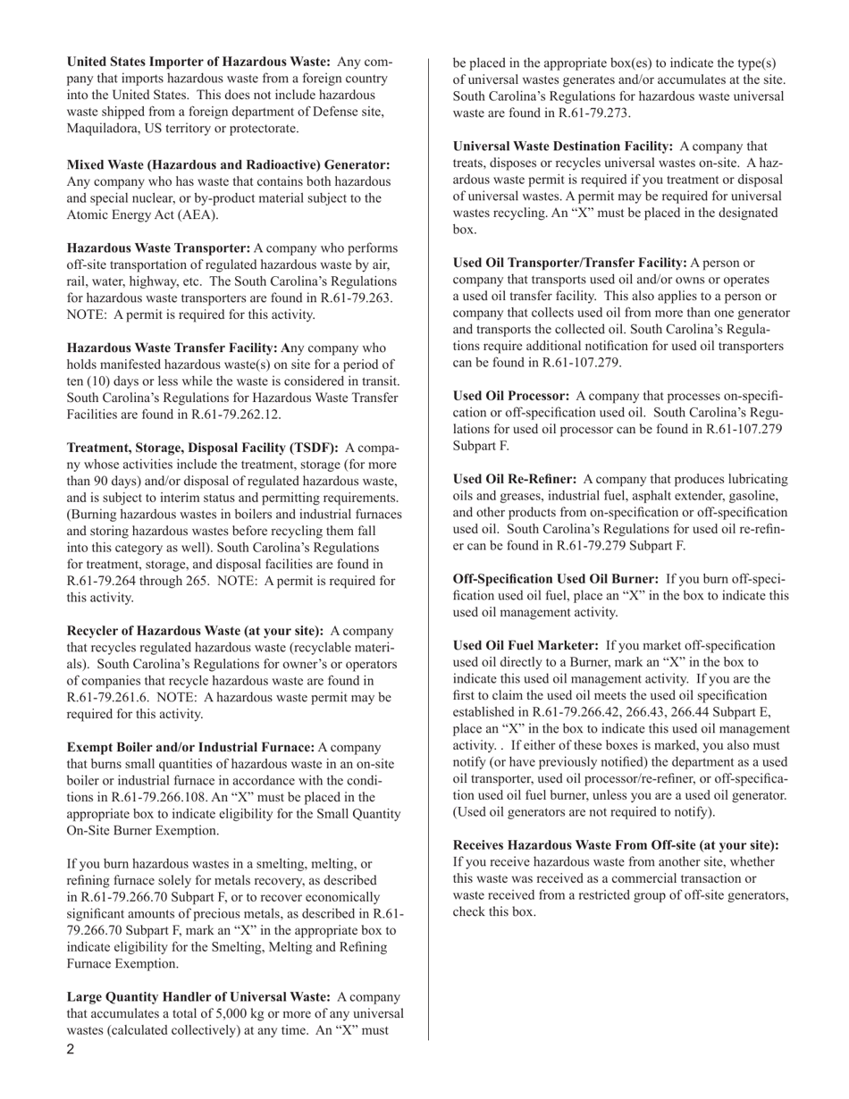 Instructions for DHEC Form 2701 Notification of Regulated Waste Activity Form - South Carolina, Page 2